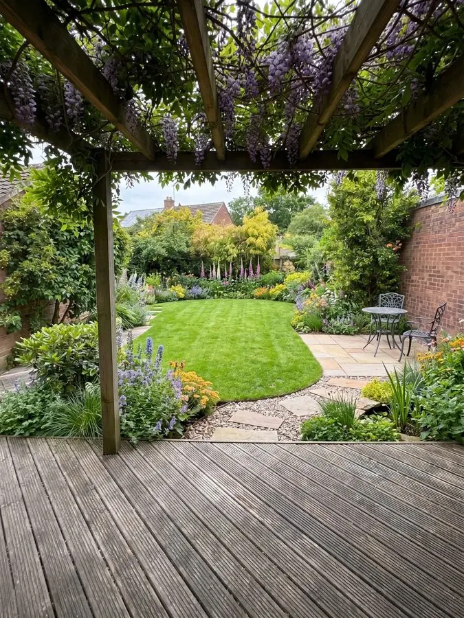 Wisteria pergola over a lawn, redesigned