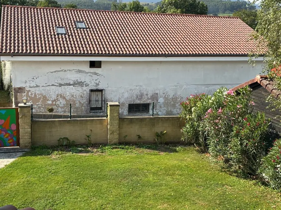 A lawn running up to a low brick wall below a white building, before the redesign