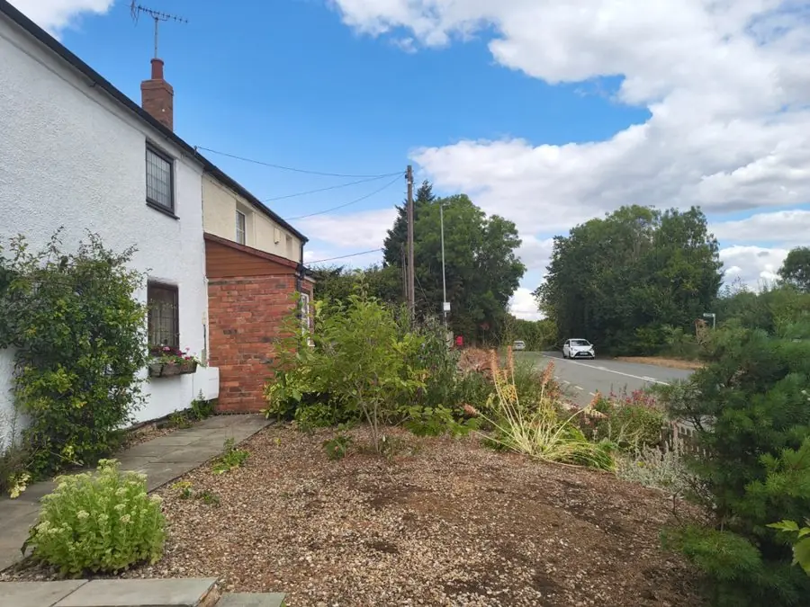 A gravelly front garden with a few shrubs beside a white cottage, before the redesign