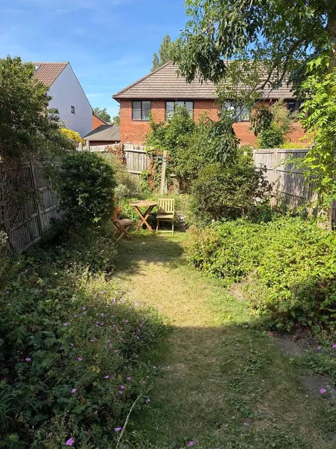 A narrow overgrown garden with a worn grass path to a table, before the redesign