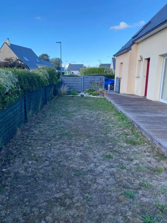 A narrow worn lawn beside a house and timber decking, before the redesign