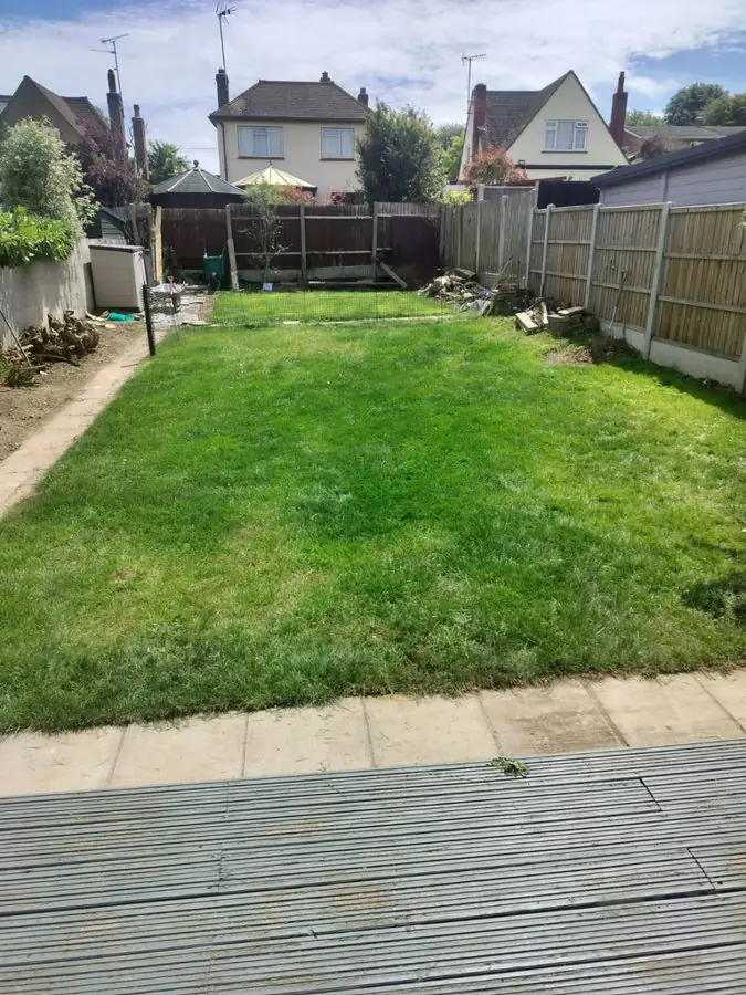 A narrow lawn between fences, seen from a timber deck, before the redesign