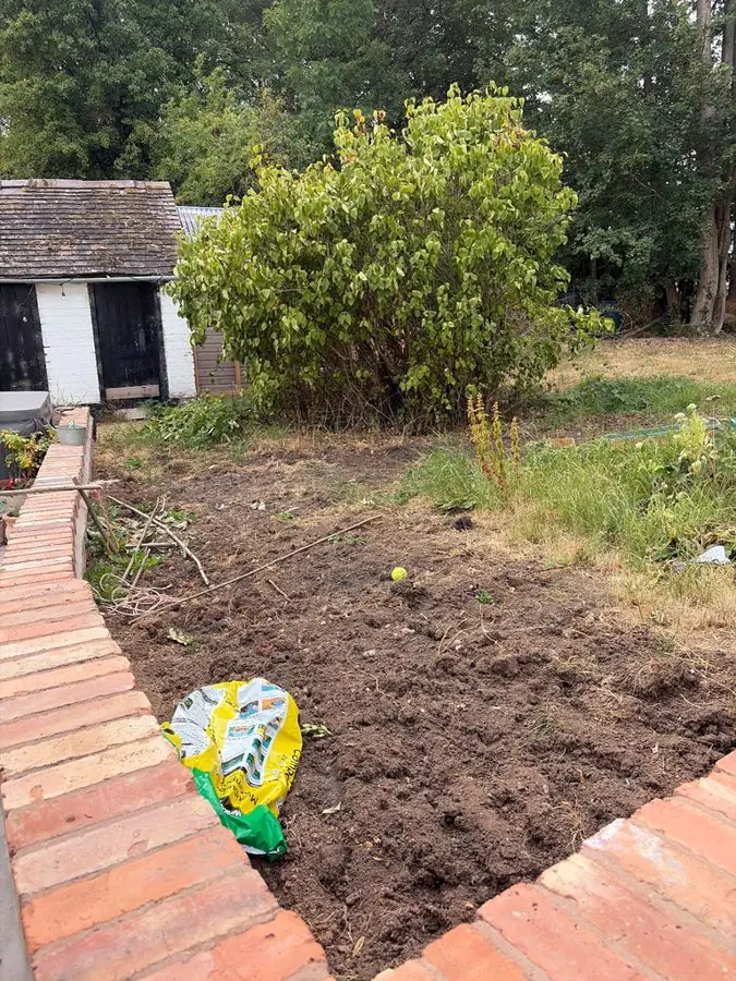 A freshly dug bare bed edged with brick, with a shed behind, before the redesign
