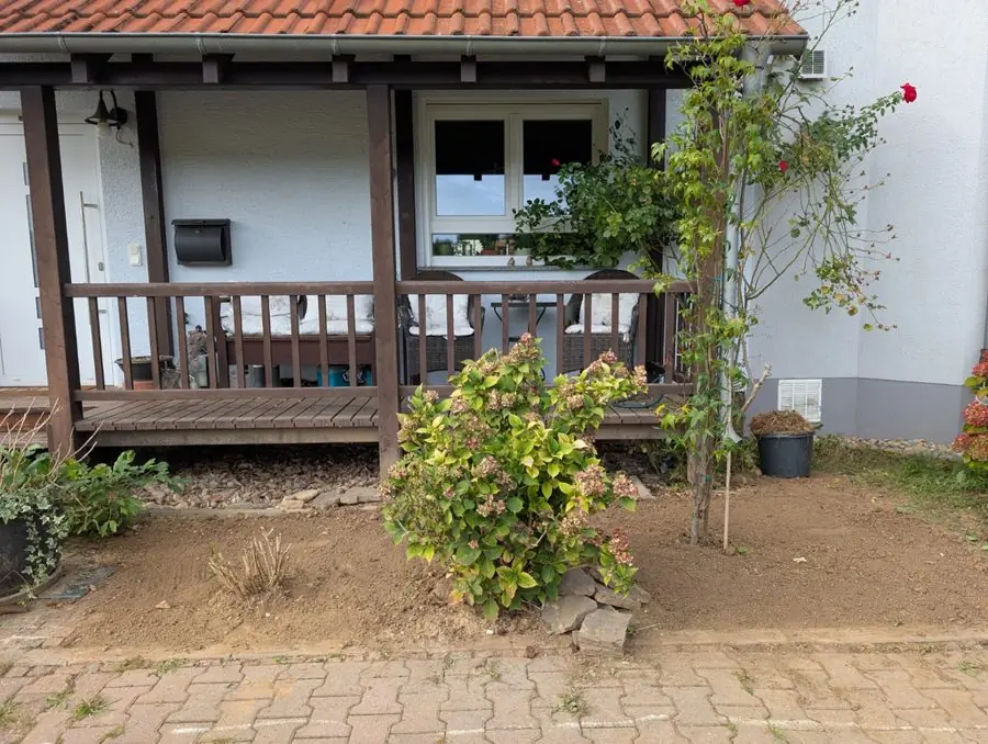Bare soil and a lone shrub in front of a wooden porch, before the redesign