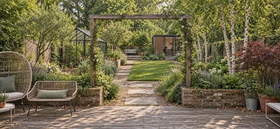 A deck with seating looking through a pergola to a lawn, before the redesign