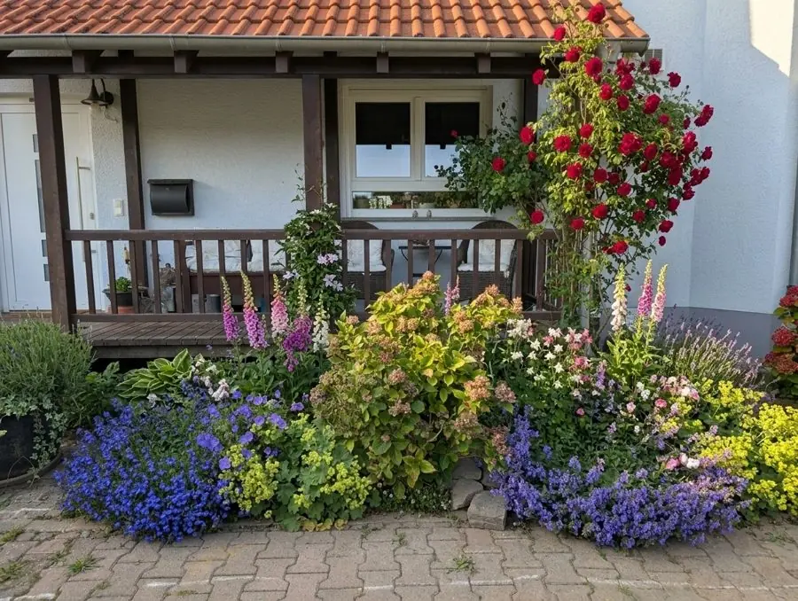 Bare bed in front of a porch filled with roses and foxgloves, planned with the garden planner app