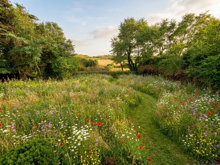 Bare dug ground sown as a meadow of poppies, cornflowers and daisies, with a mown path, a wildflower garden idea
