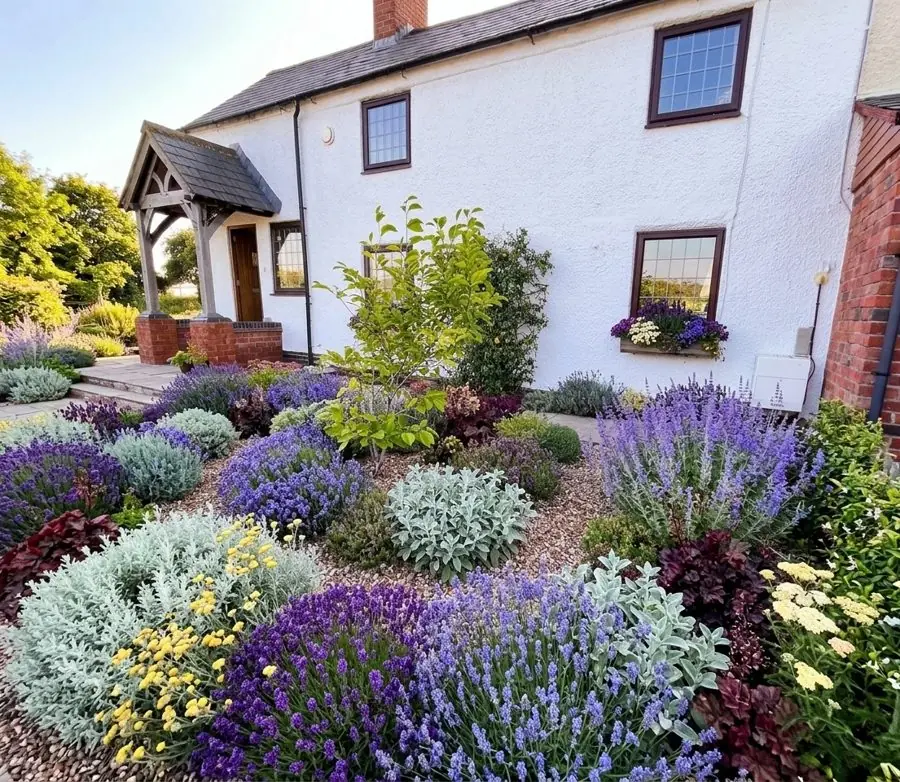 Bare gravel front garden filled with lavender and silver plants, planned with the garden planner app