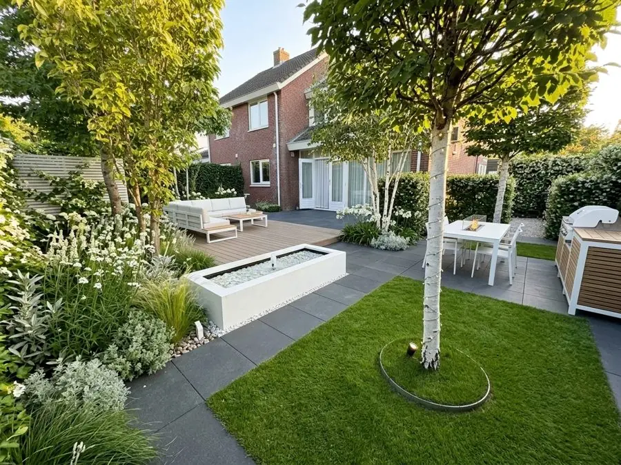 Birch trees, a water trough and a lawn, a planting design made with the app