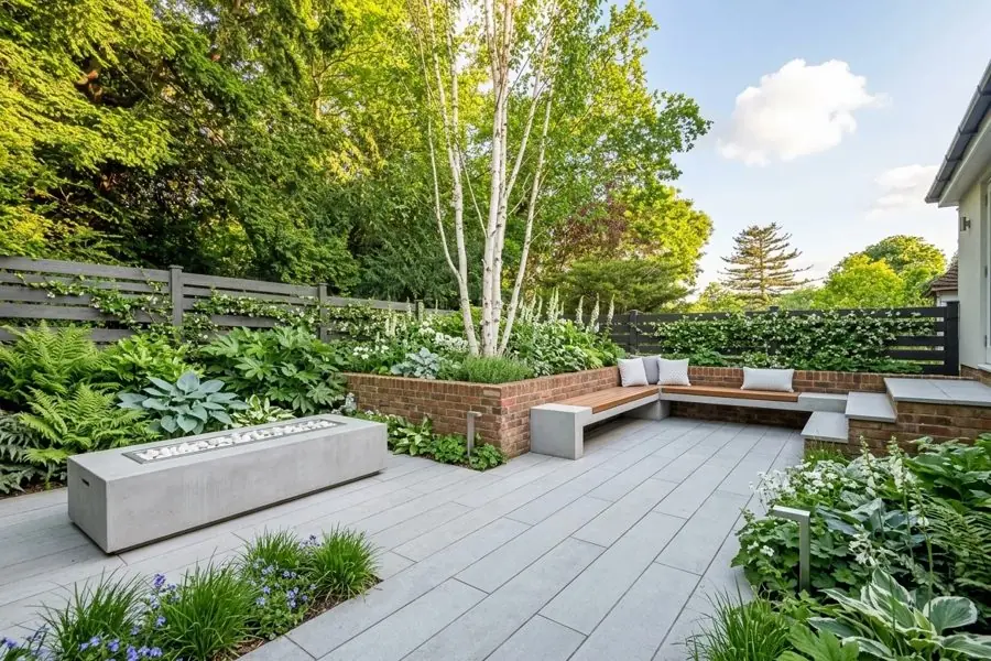 Birches, a built in bench and a fire table, planned with the garden planner app