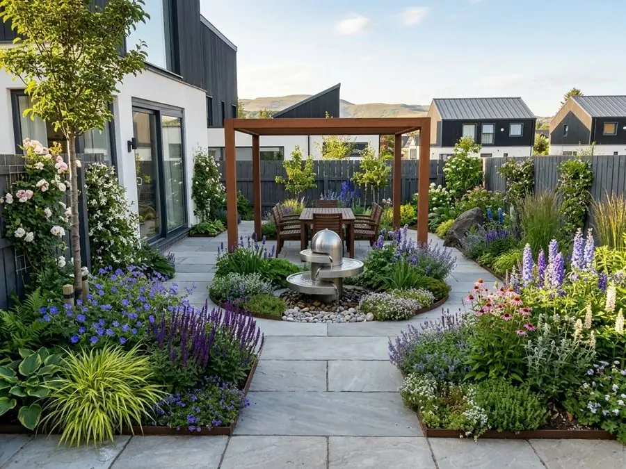 Cedar pergola behind a round fountain, a landscape design made from a photo