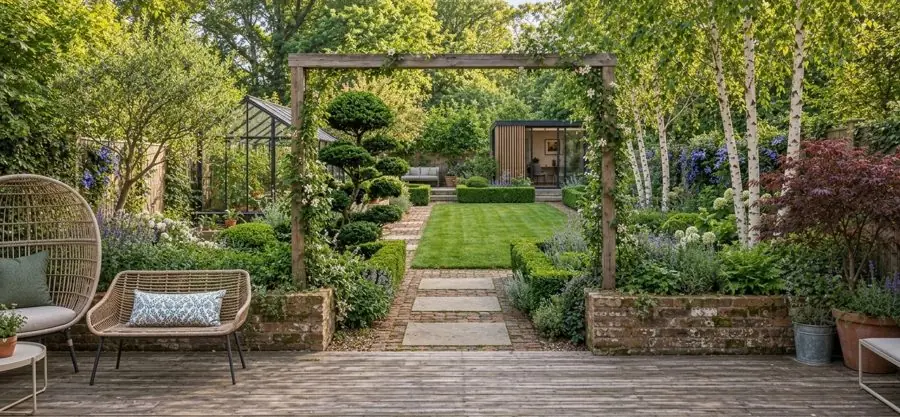 Cloud pruned pine and box hedging under a pergola, with a lawn beyond, an evergreen garden idea