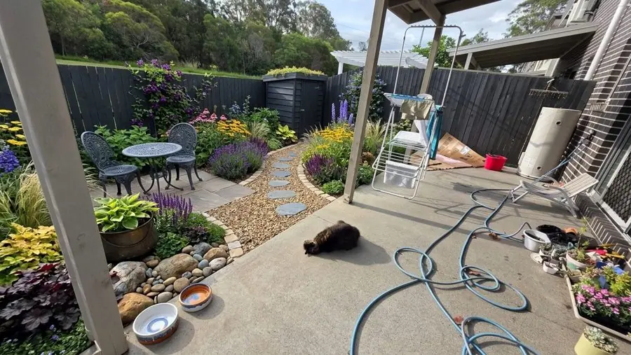 Under a covered patio, a stepping stone path through beds of flowers for bees, a low maintenance garden idea
