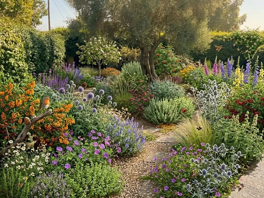 Drifts of flowers under an olive, a landscape design made from a photo