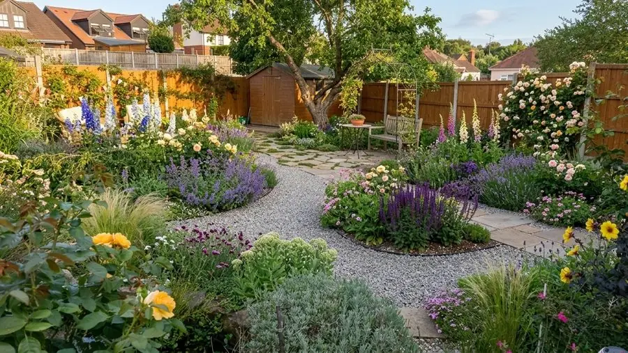 A dry lawn replaced with gravel and round beds of catmint, salvias and roses, redesigned with the app