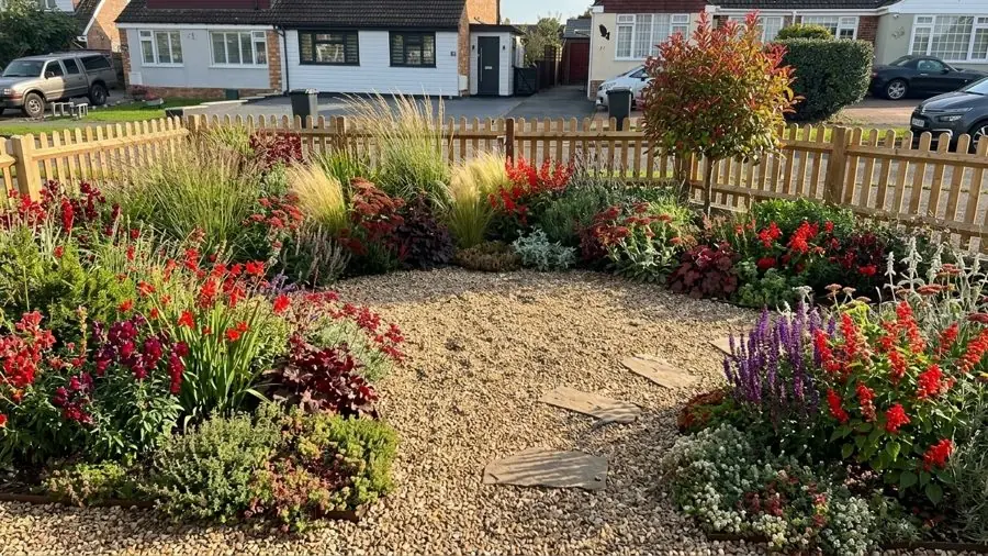 Front garden of gravel, grasses and red flowers, planned with the garden planner app