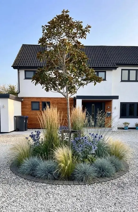 Grasses and blue flowers round a front tree, planned with the garden planner app