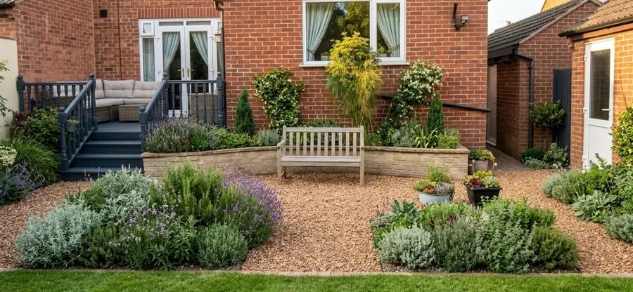 A gravel bed of lavender round a bench, designed with the app