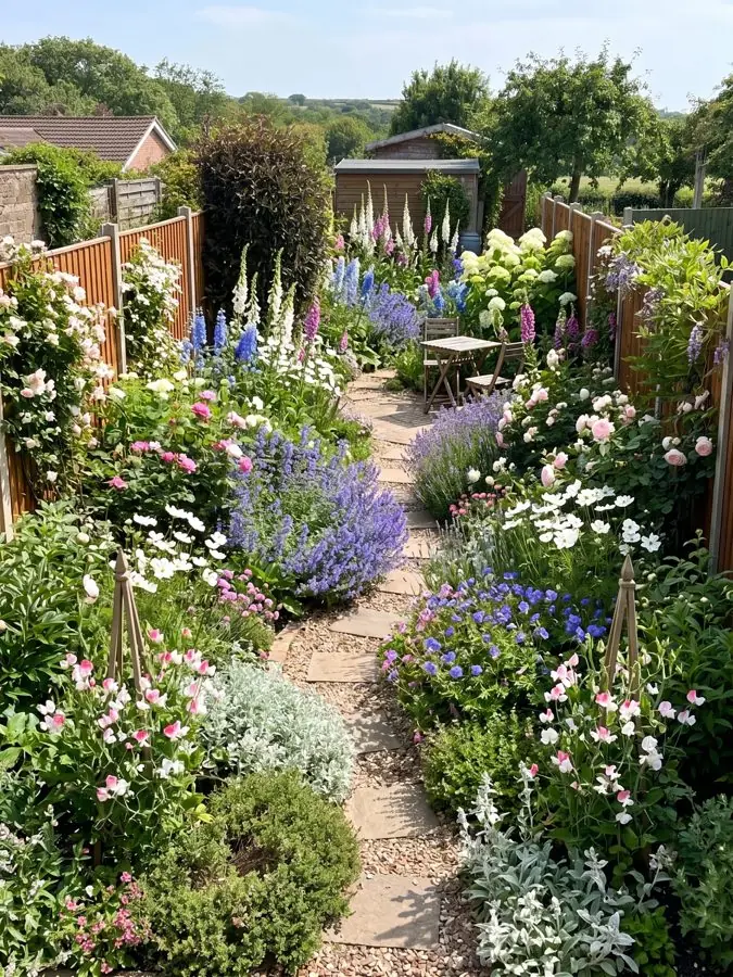 A gravel path between deep borders of foxgloves and lavender, a lawn garden idea