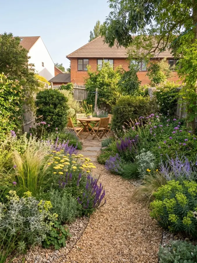 Gravel path through lavender down a narrow garden, a garden layout planned with the app