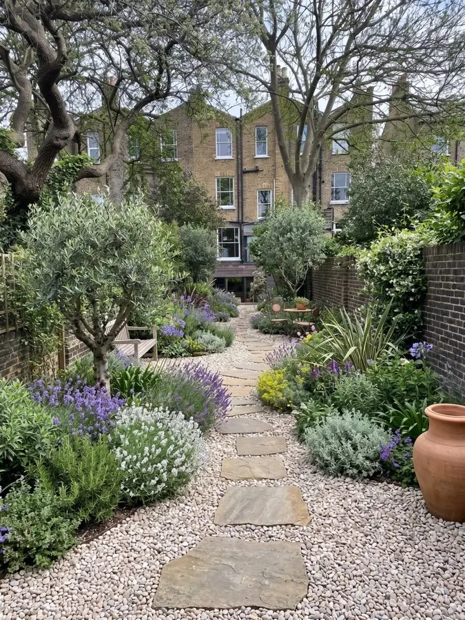 Gravel path past an olive and a terracotta urn, an idea for an overgrown garden