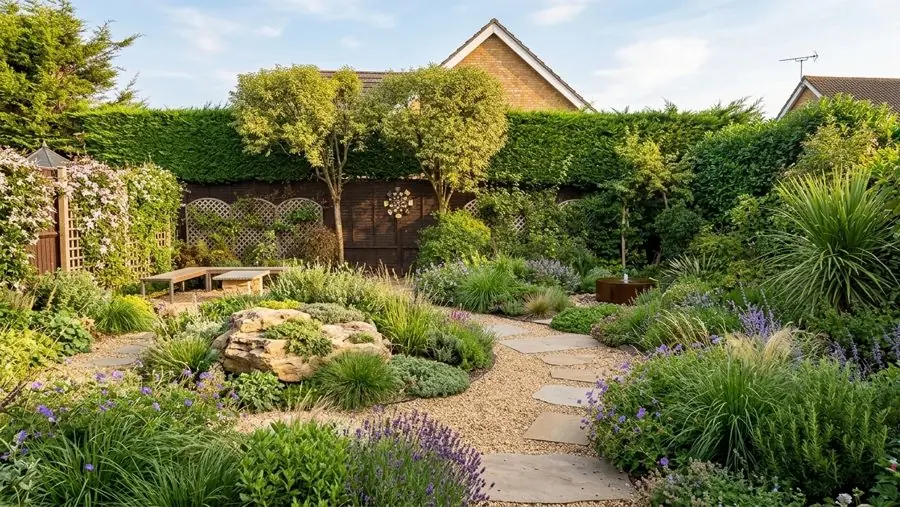 A gravel path round a rockery of grasses and lavender, with benches by the hedge, a planting design made with the app