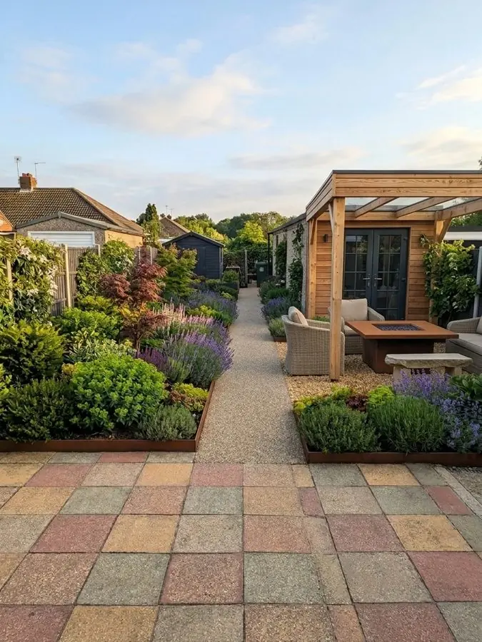 A gravel path between steel edged beds to a timber garden room, a planting design made with the app