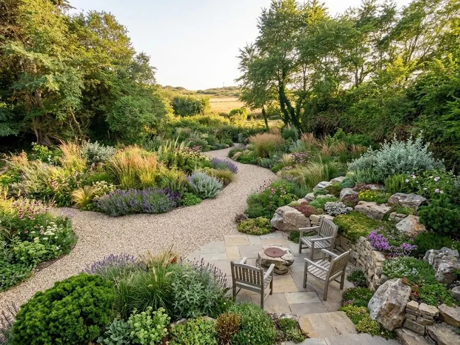 A gravel path winding past a rockery to a stone terrace with chairs, designed with the garden design tool