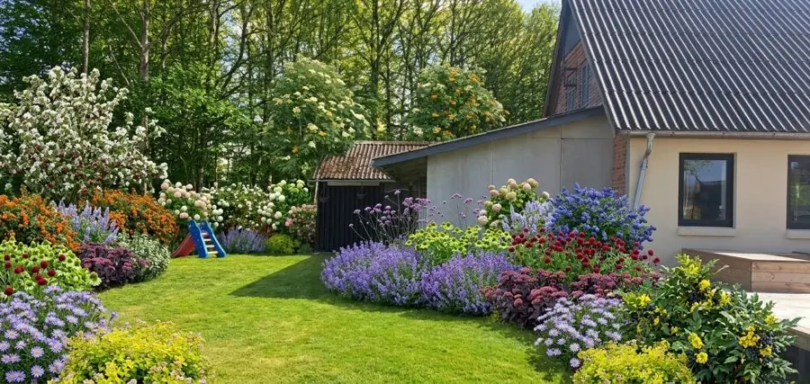 A lawn by the house edged with deep borders of lavender and summer flowers, redesigned with the app