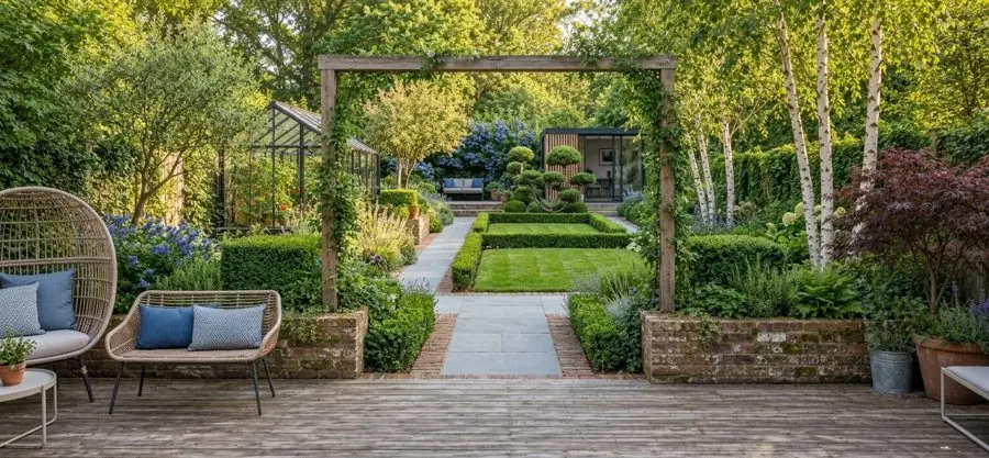 A lawn under a pergola squared off with clipped hedges, and a stone path to the garden room, a landscape design made from a photo
