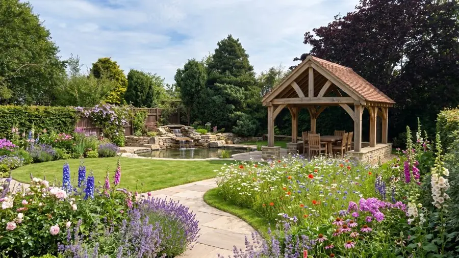 A round lawn, a pond and an oak gazebo where the trampoline stood, redesigned with the app