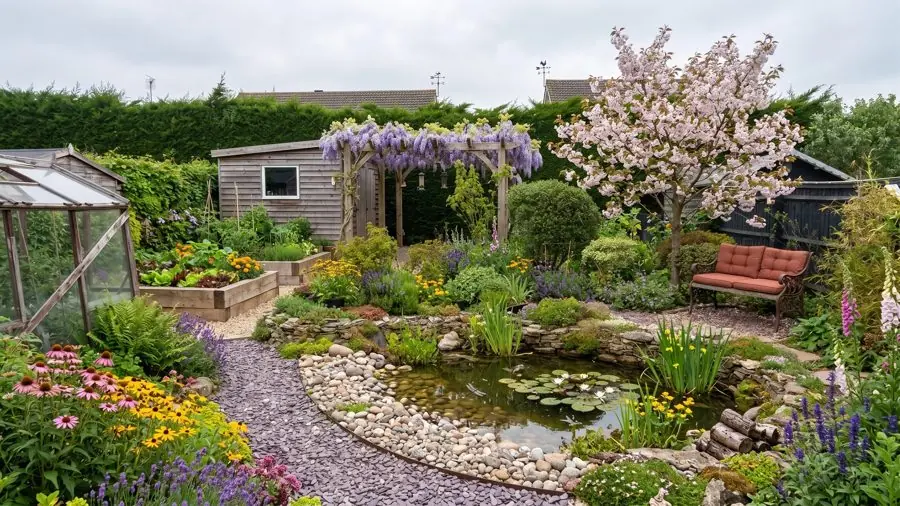 A lily pond, a wisteria arbour and flowers for bees, designed with the garden design tool