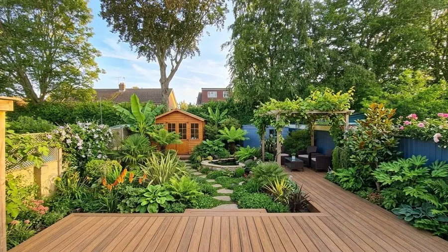 A long deck into a jungle of bananas, ferns and palms, with a pergola and summerhouse, planned with the garden planner app