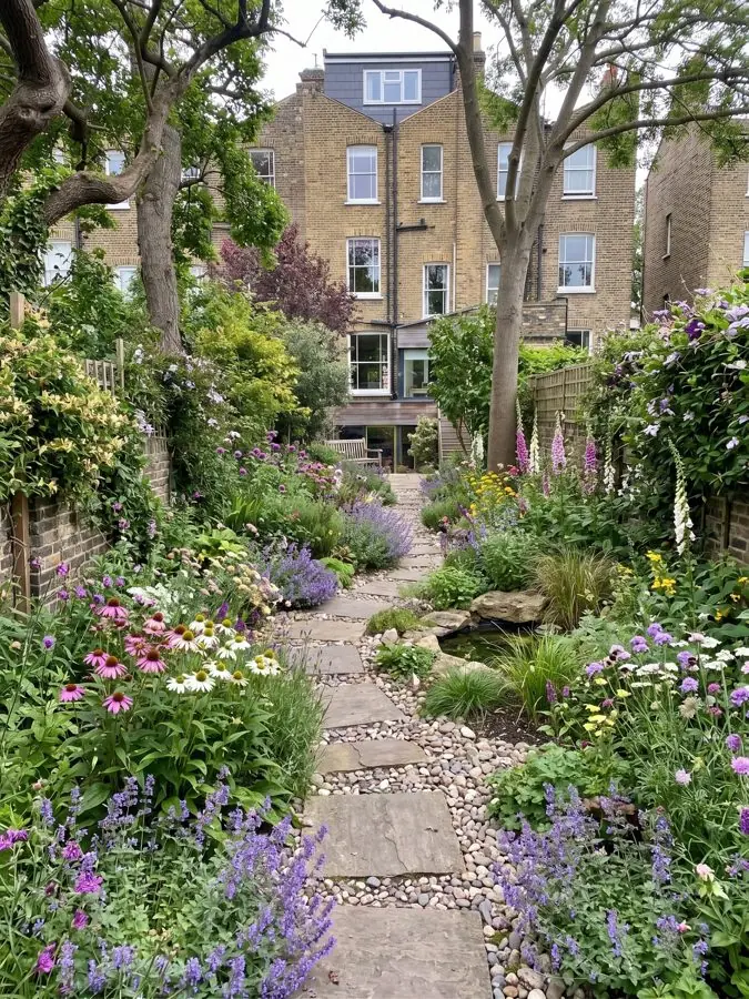 A long town garden with a stone path through flowers for bees, past a small pond, a planting design made with the app