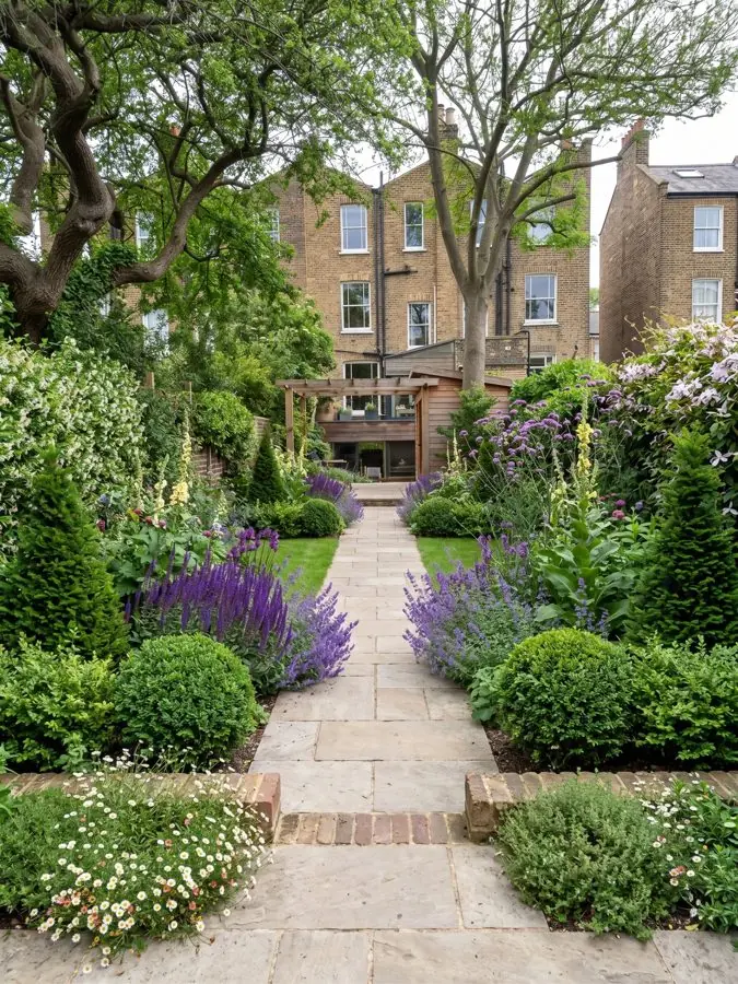 A long town garden with a straight stone path between clipped box balls and lavender, an evergreen garden idea