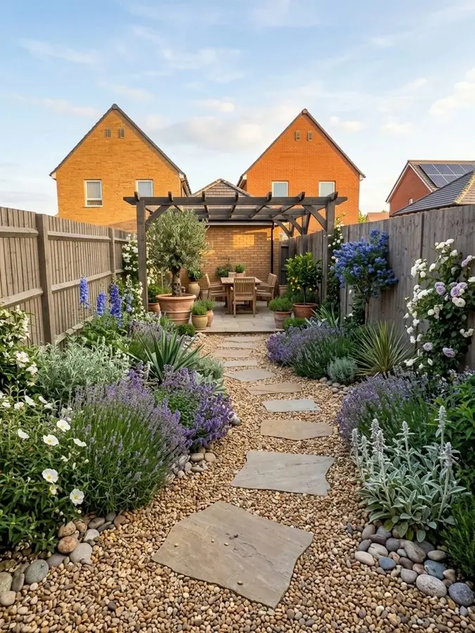 New build garden of gravel and stepping stones, a landscape design made from a photo
