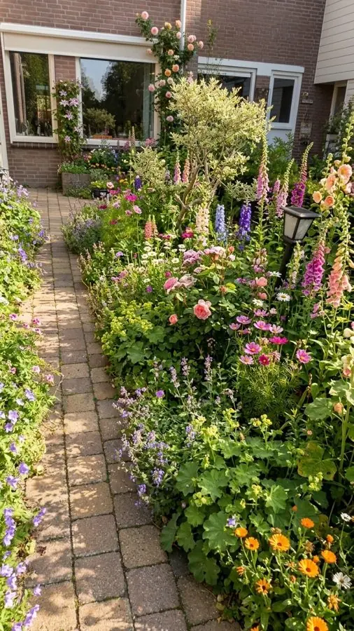 Path by the house through foxgloves and roses, a flower bed designed with the app