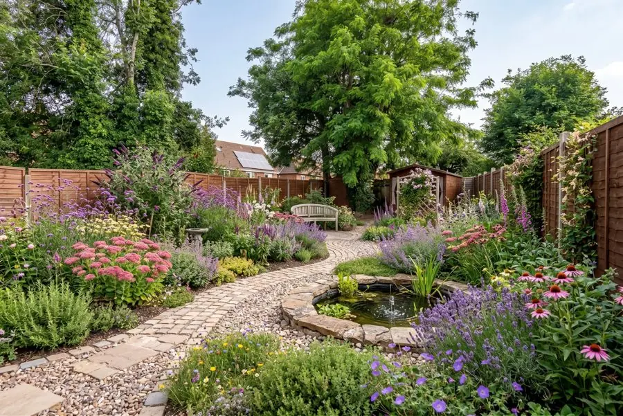 A path past a pond to a bench, designed with the garden design tool