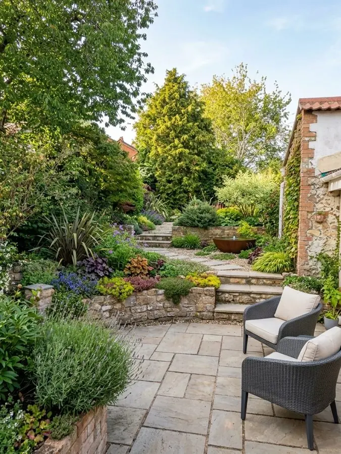 A paved seating area by the house, with stone steps up through rosemary and grasses, a planting design made with the app