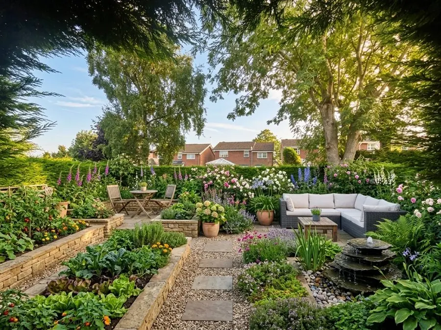 Raised beds, a gravel path and a corner sofa, designed with the app