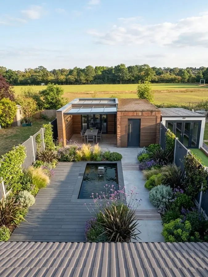 Seen from upstairs: a long deck and a narrow pond leading to a garden room, a patio garden idea