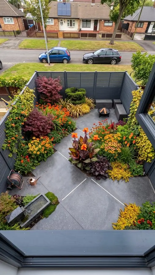 Seen from upstairs: a small paved front yard with beds of orange and red flowers, designed with the app