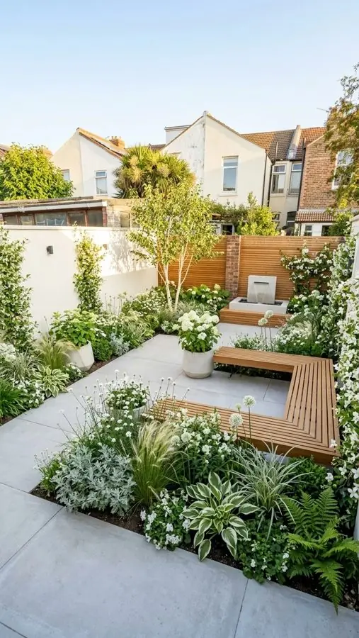 Small courtyard with a bench and white flowers, planned with the garden planner app