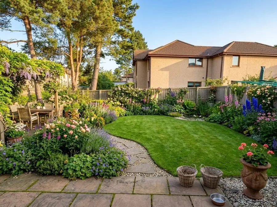 A square lawn reshaped into a curve, with a stone path and cottage borders under the pines, redesigned with the app