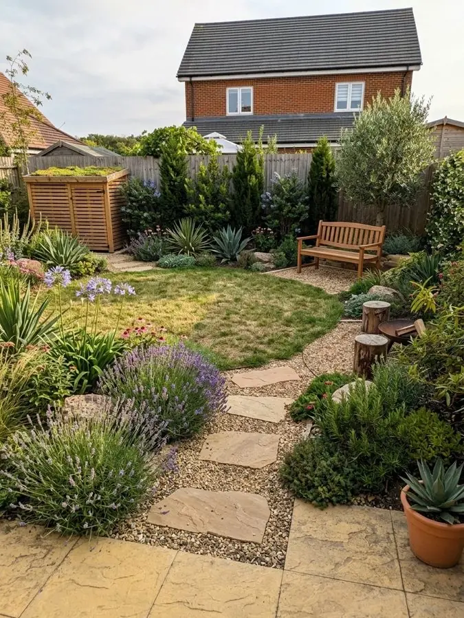 Stepping stone path to a bench past lavender, designed with the app