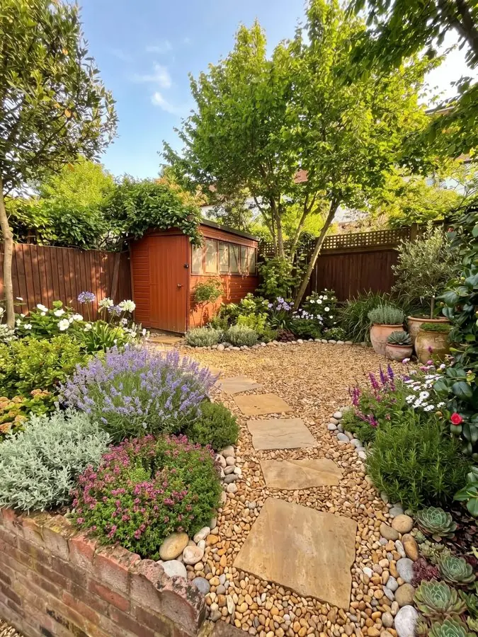 Stepping stones through gravel to a shed, designed with the app
