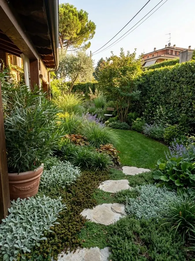 Stepping stones through low silver plants and grasses beside a timber house, an idea for an overgrown garden