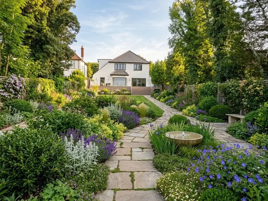 A stone path past a bird bath and deep borders, a lawn garden idea