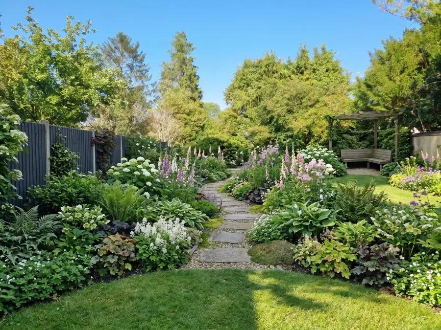 A stone path off the lawn into a shady border of hostas, hydrangeas and foxgloves, redesigned with the app