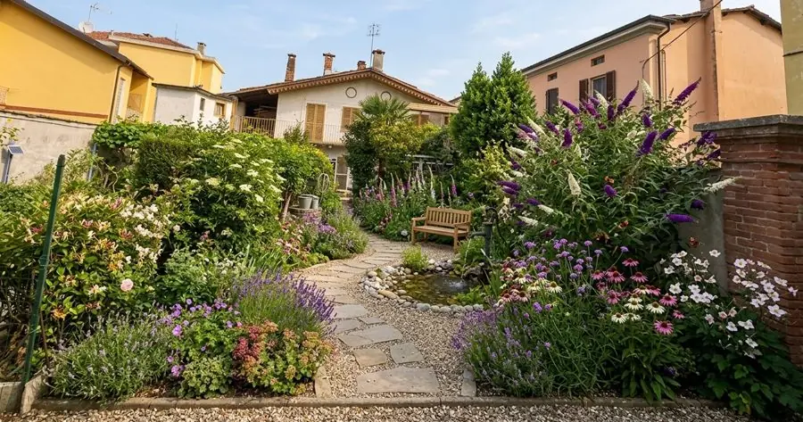 A stone path and a small pond, a landscape design made from a photo